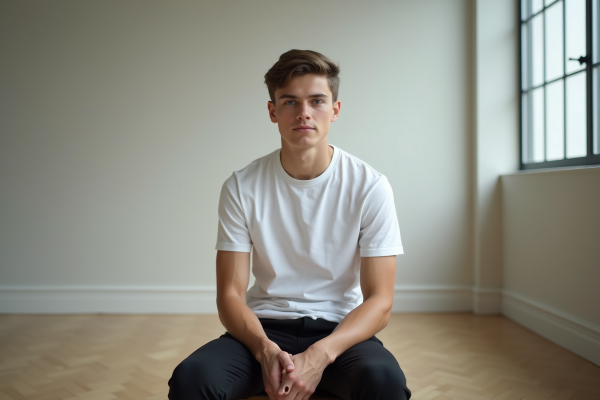 Jeune homme assis dans un studio professionnel en t-shirt blanc