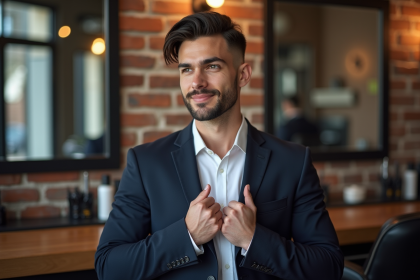 Jeune homme en style dans un salon de barbier moderne