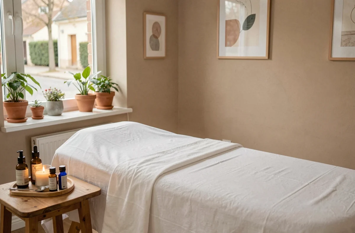 Salle de soin apaisante de l'institut L Instant Relax à Draveil avec table de massage en lin blanc et décoration minimaliste
