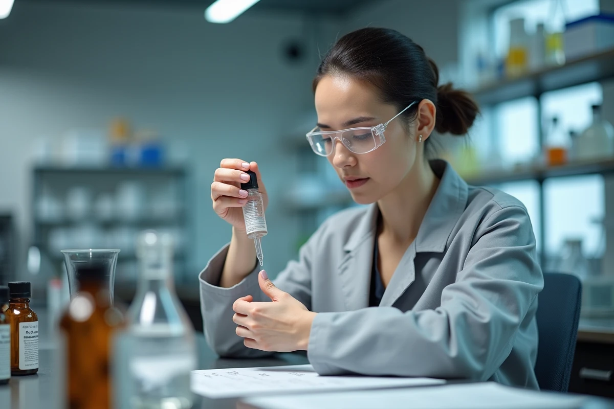 Chercheuse en cosmétologie formulant une essence dans un laboratoire scientifique authentique