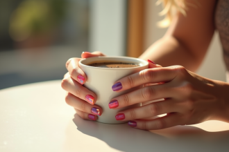 Mains de femme avec vernis coloré tenant une tasse de café
