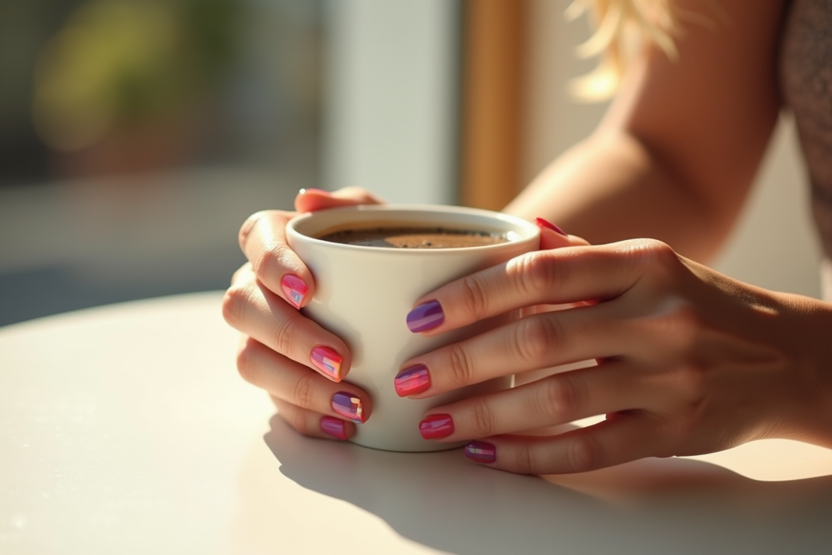 Mains de femme avec vernis coloré tenant une tasse de café