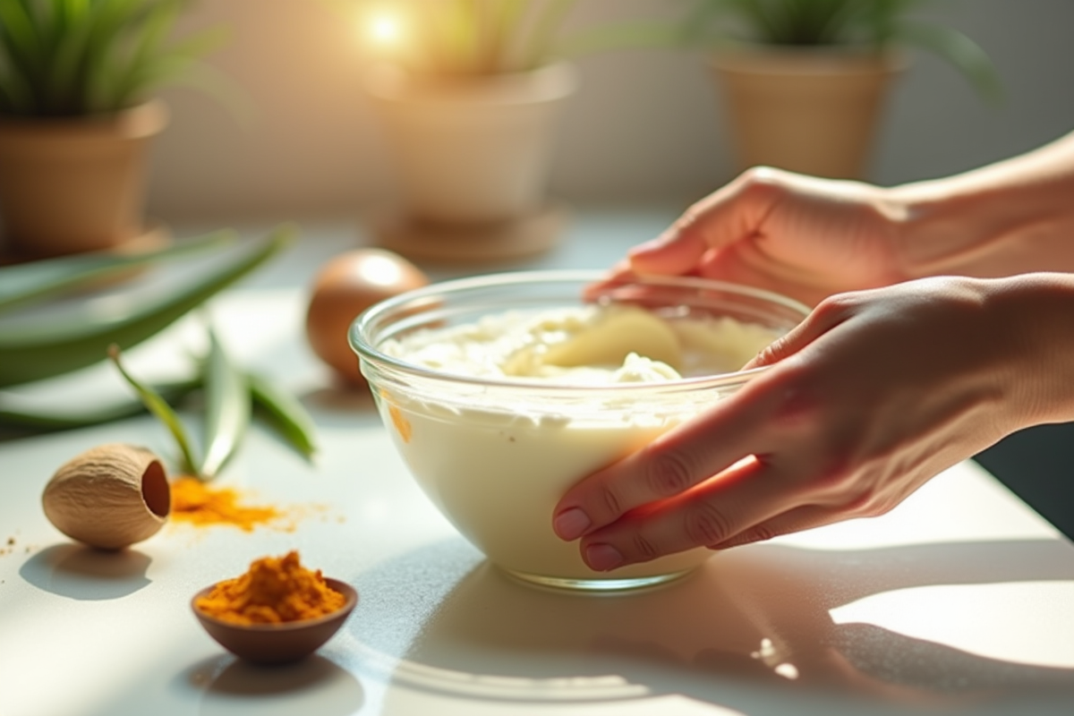 Mains mélangeant un masque visage maison avec ingrédients frais