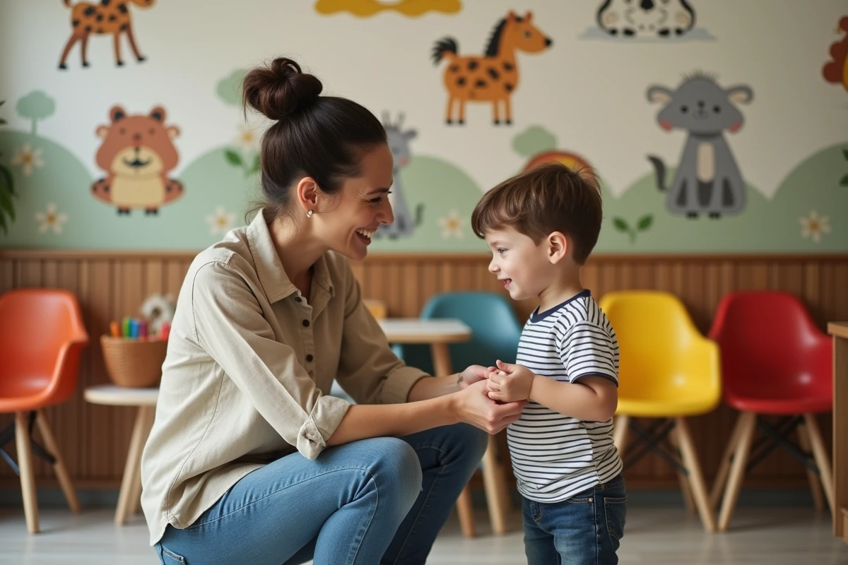 Maman réconfortant son petit garçon avant sa première coupe de cheveux dans un salon pour enfants