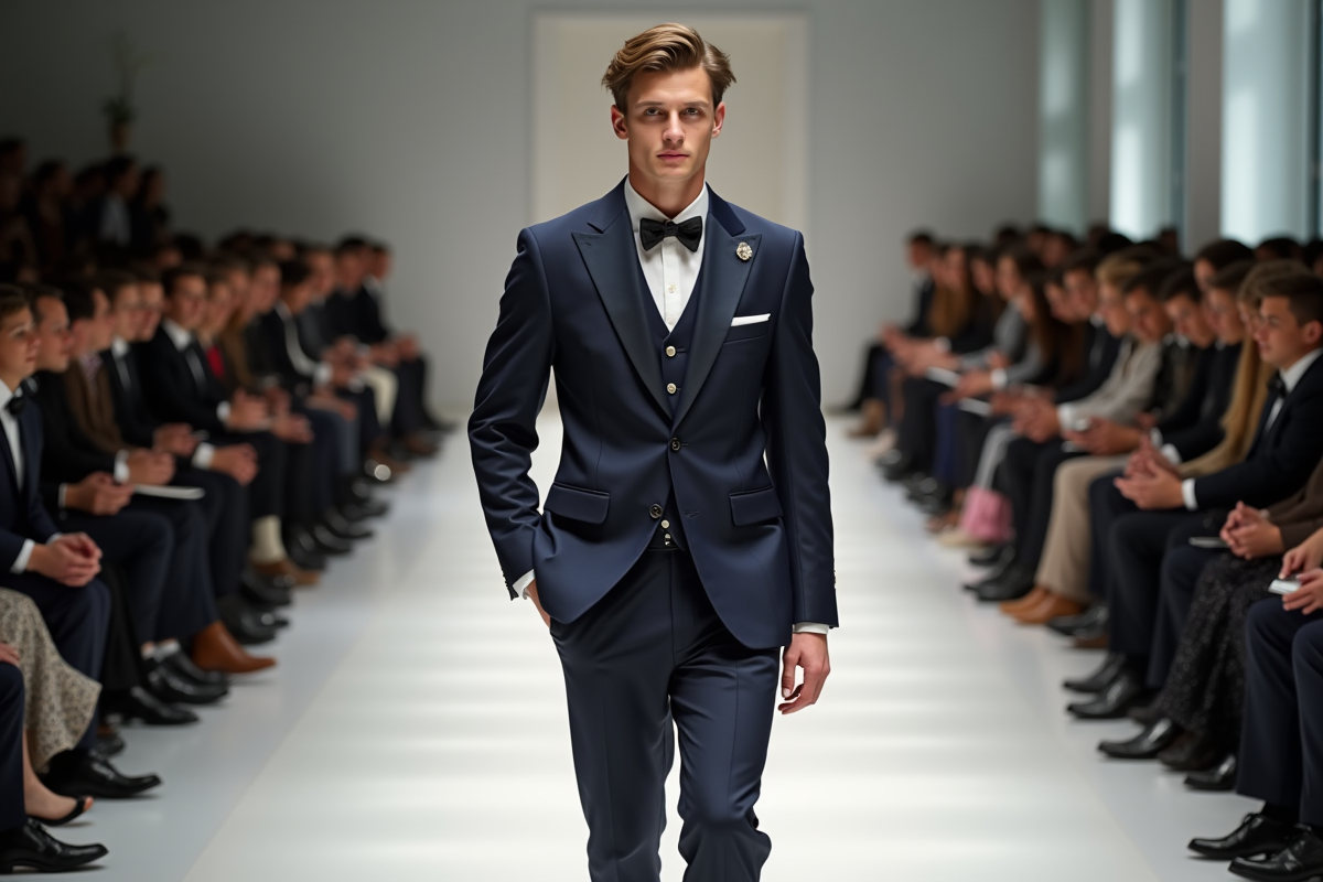 Jeune mannequin défilant en costume haute couture sur un podium moderne