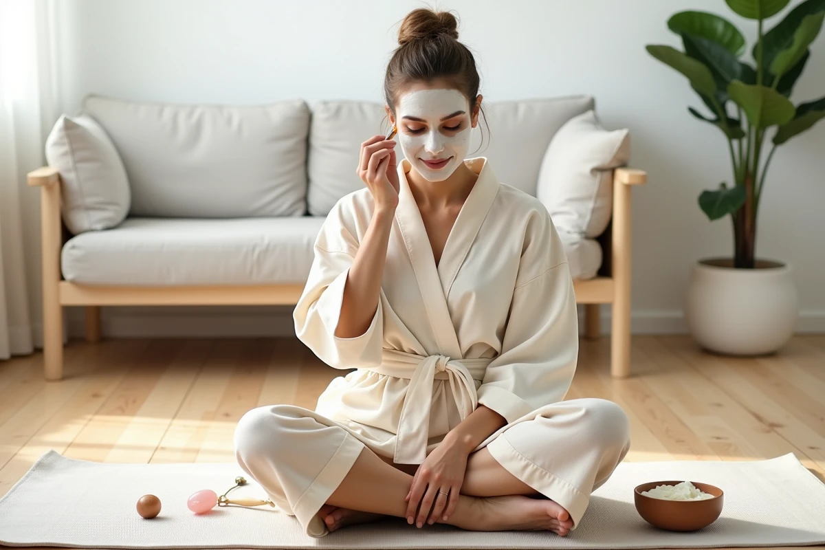 Femme appliquant un masque raffermissant à domicile dans une ambiance bien-être et soin naturel de la peau
