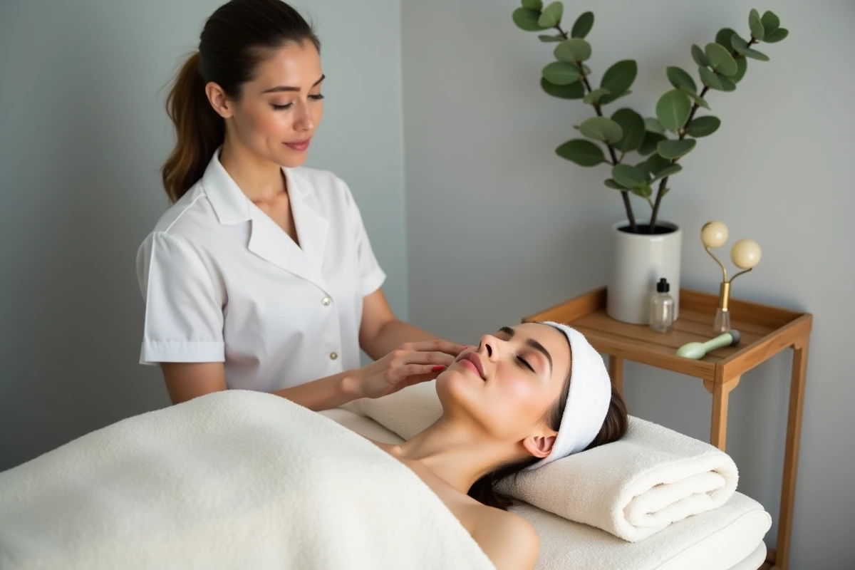Esthéticienne pratiquant un massage de raffermissement du visage sur une cliente dans un institut de beauté professionnel