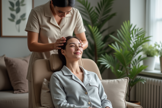 Femme recevant un massage de tete dans un salon cosy