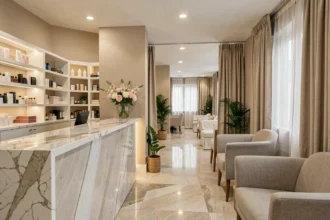 Intérieur élégant d'un institut de beauté en Essonne avec un accueil soigné, des produits de soin et une atmosphère raffinée