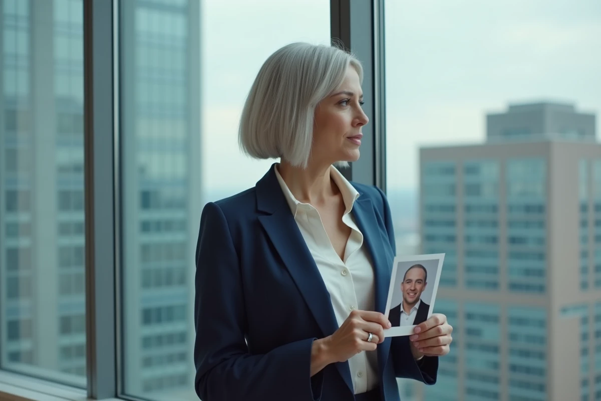 Femme mature avec carré dégradé gris argenté tenant une photo avant transformation capillaire dans un loft urbain