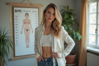 Modèle femme en studio avec mesures et graphique BMI