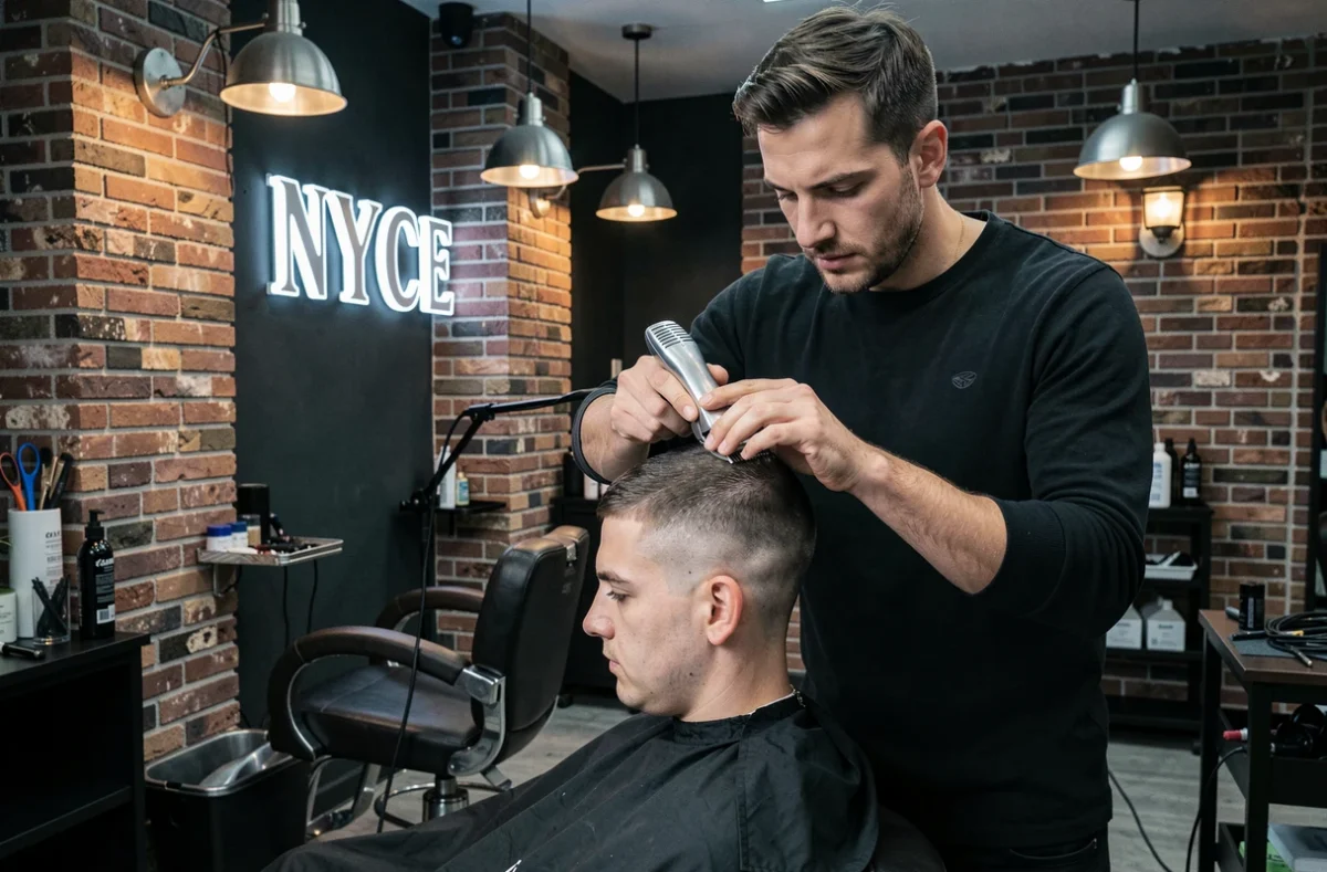 Coiffeur réalisant une coupe fade précise dans le salon NYCE New York Cut Experience à Toulon