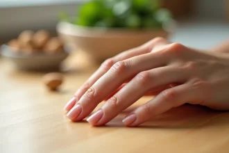 Gros plan sur un ongle fendu verticalement sur une main féminine posée sur une table en bois, avec des aliments riches en nutriments en arrière-plan