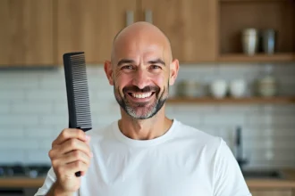 Homme chauve souriant tenant un peigne fantaisie en guise de cadeau décalé dans une cuisine moderne