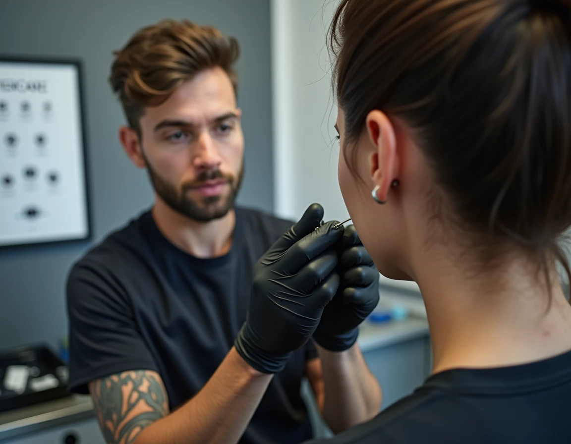Perceur professionnel inspectant un piercing cartilage haut de l'oreille d'un client dans un studio de piercing moderne