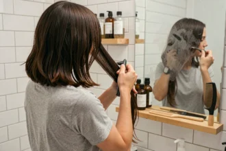 Femme appliquant une solution de permanente lissante sur ses cheveux devant un miroir de salle de bain