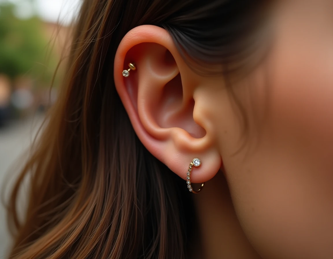Gros plan d'une oreille avec piercing hélix et conch cicatrisés ornés d'un anneau doré et d'un stud cristal