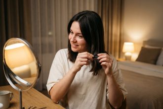 Femme posant elle-même des extensions à clips sur ses cheveux devant un miroir de coiffeuse à la maison