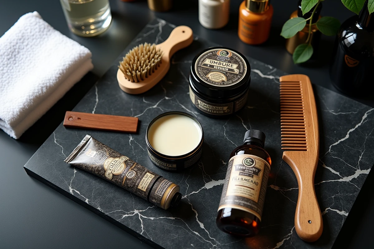 Produits coiffants pour coupe mafieux italien : pomade, cire et peigne sur marbre sombre
