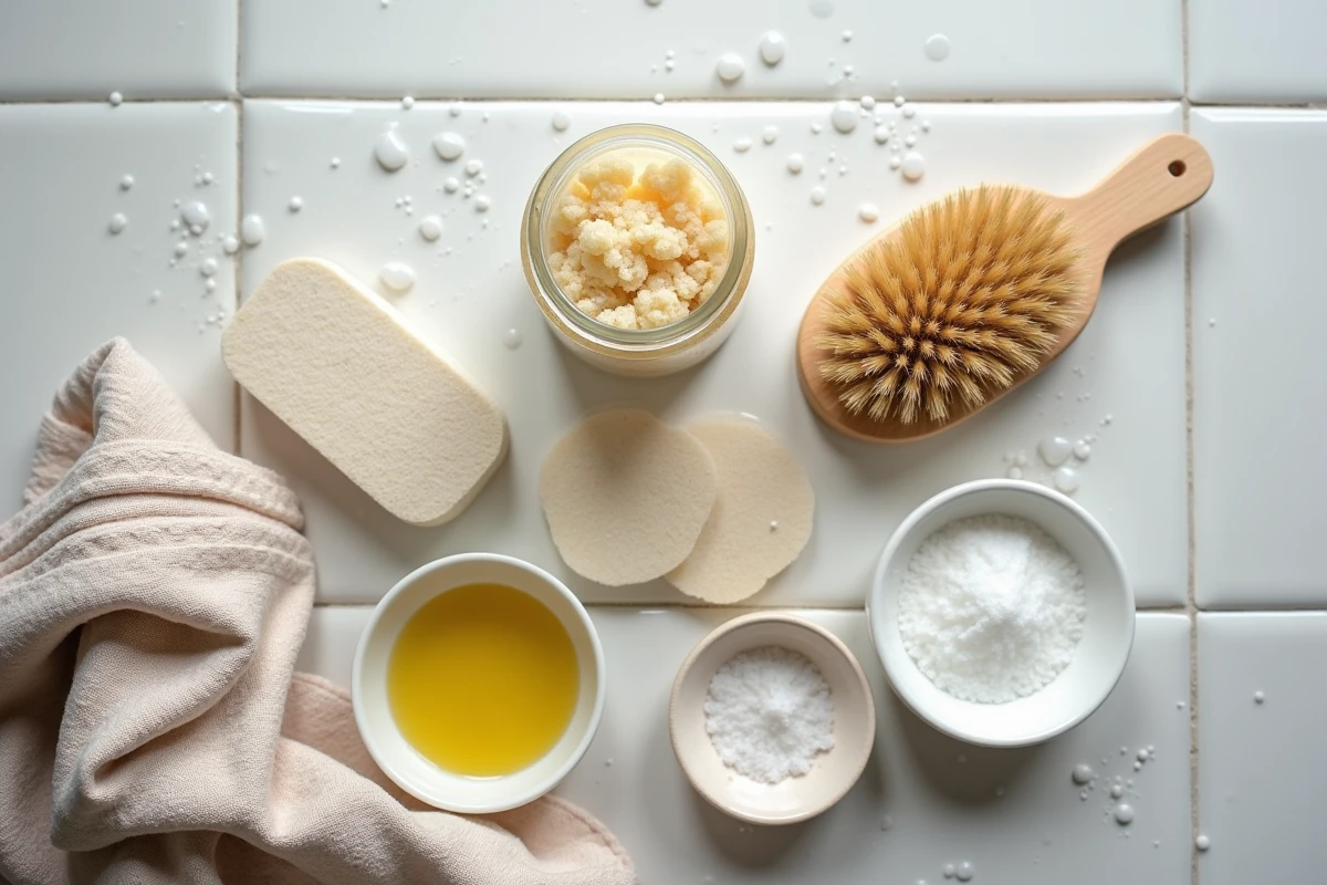 Produits naturels d'exfoliation corps disposés sur un comptoir en pierre de salle de bain : gommage sucre, brosse sèche, pierre ponce et sel marin