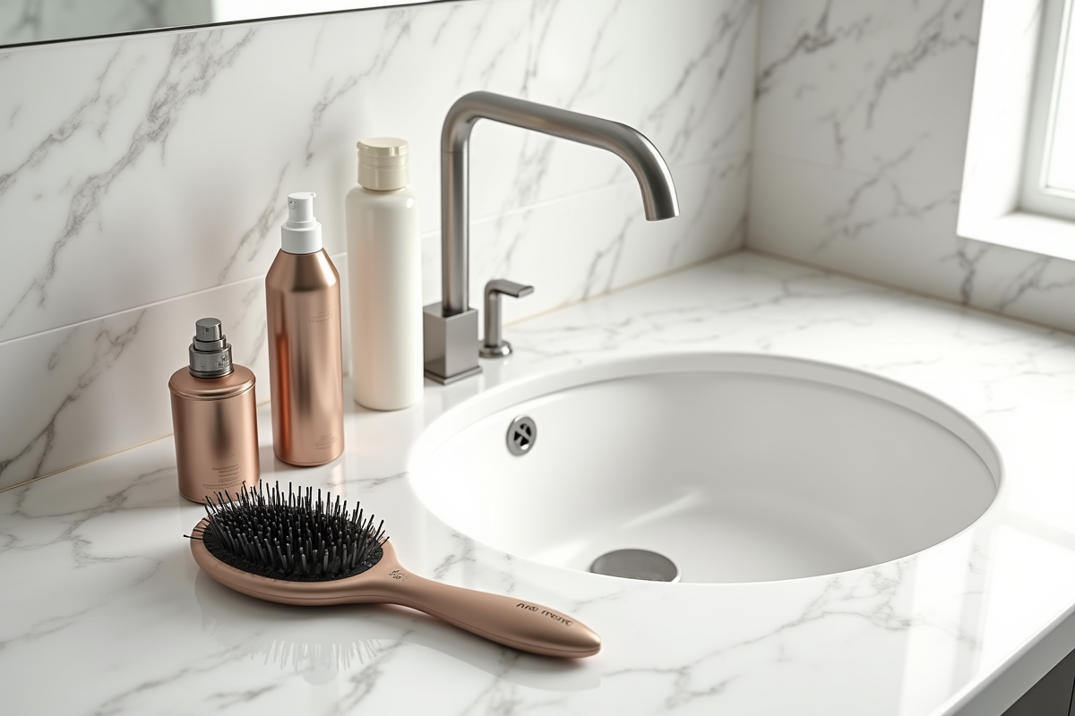 Vue de produits capillaires et accessoires sur un plan de travail blanc