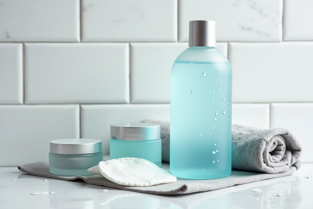 Produits de soin pour peau grasse et points noirs disposés en flat lay sur une étagère de salle de bain, incluant l'Eau Précieuse