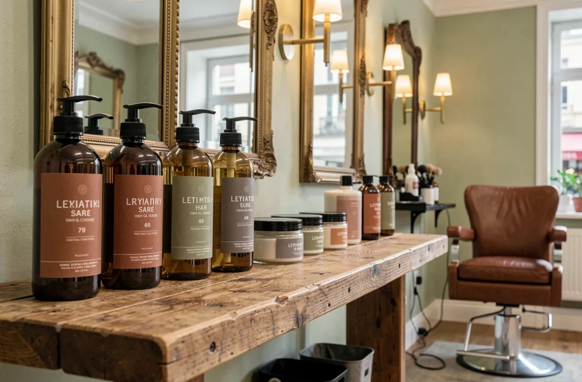 Sélection de produits capillaires haut de gamme sur une étagère en chêne dans un atelier de coiffure spécialisé