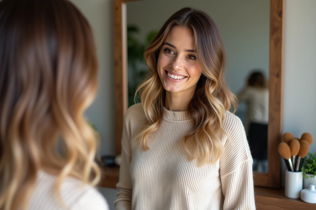 Résultat final d'un balayage blond sur cheveux châtain, femme admirant sa transformation dans un miroir de salon