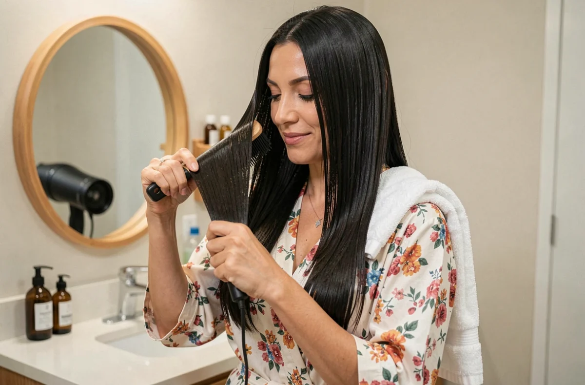 Femme inspectant ses cheveux lisses et brillants après une permanente lissante réussie à la maison dans une salle de bain