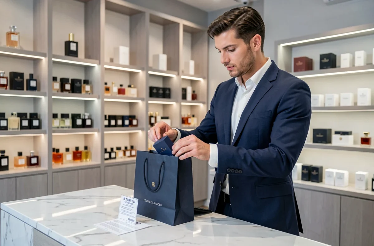 Conseiller en parfumerie traitant un retour de produit au bureau des échanges d'une boutique haut de gamme