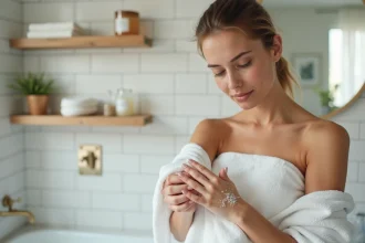 Femme appliquant un gommage exfoliant doux sur son avant-bras dans une salle de bain minimaliste blanche