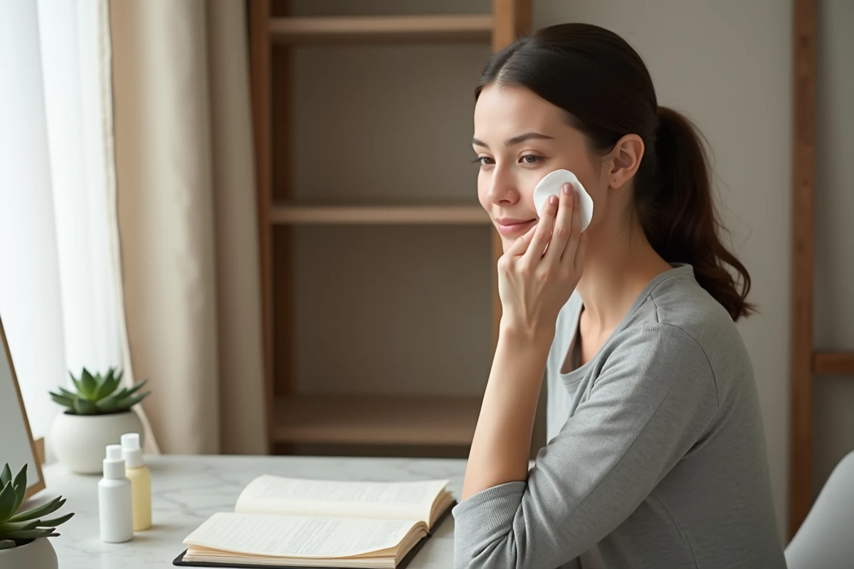 Femme appliquant de l'Eau Précieuse avec un coton sur une peau grasse devant une coiffeuse dans une chambre minimaliste