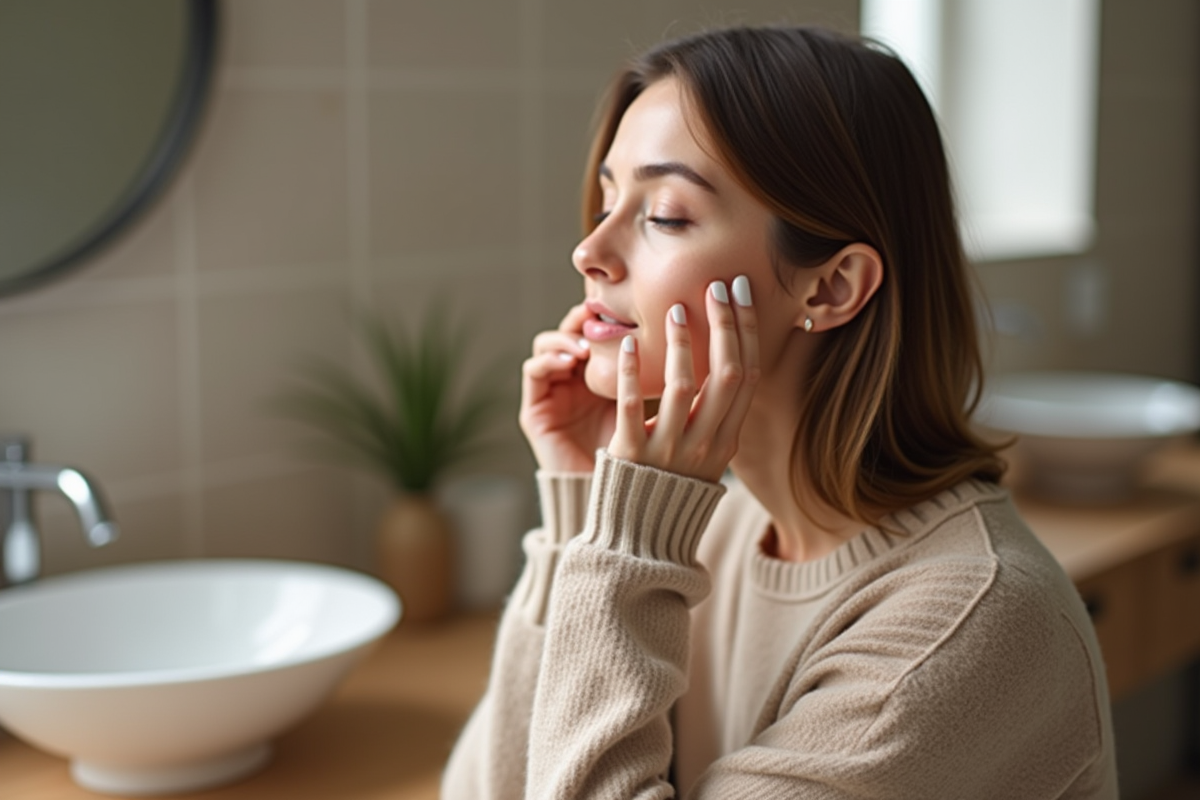 Femme appliquant un serum visage dans une salle de bain moderne