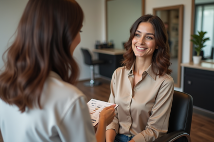 Femme souriante en salon avec coiffeuse et nuancier