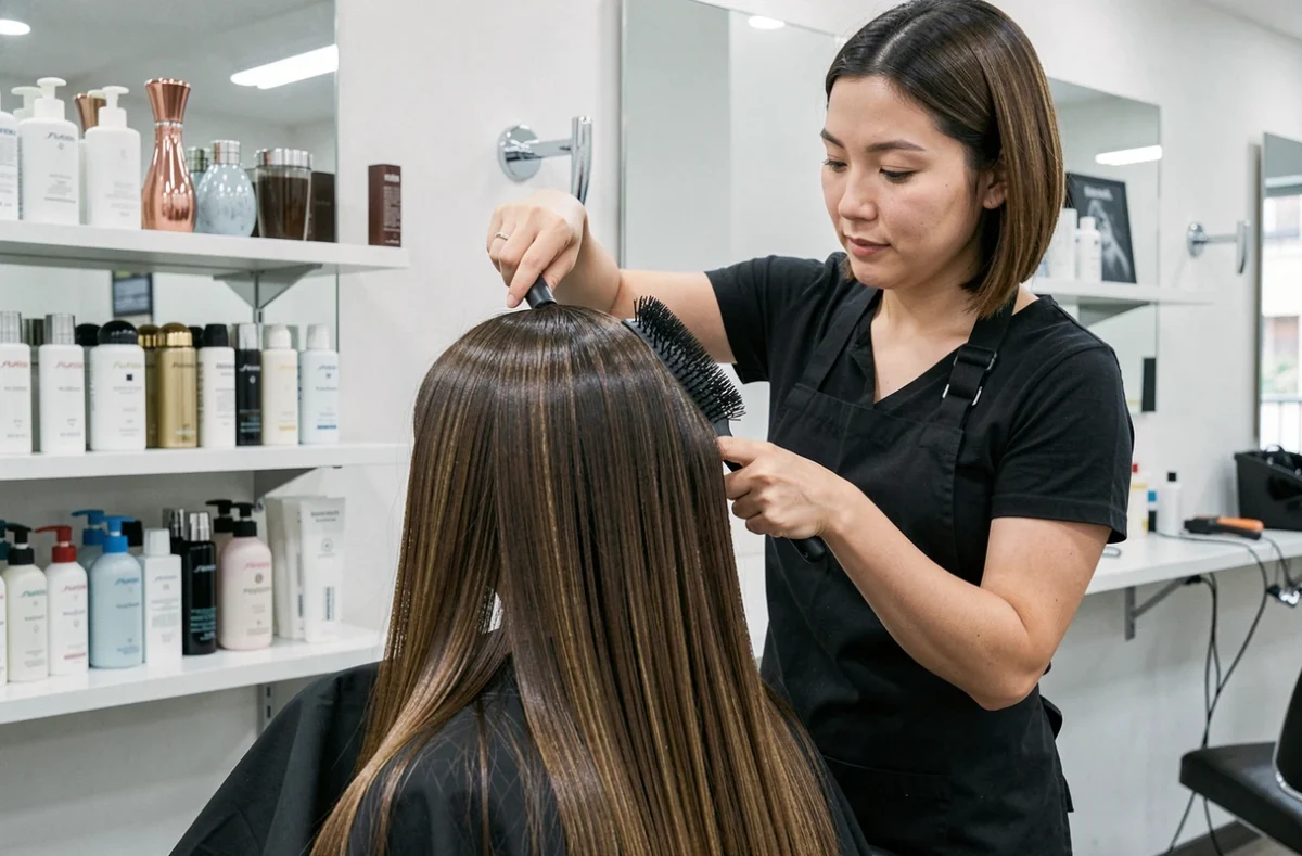 Coiffeuse professionnelle lissant les cheveux brillants d'une cliente dans un salon de coiffure japonais avec des produits Shiseido
