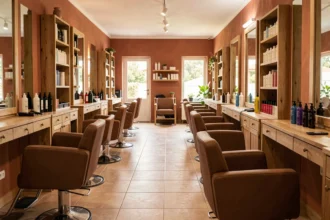 Intérieur d'un salon de coiffure moderne dans le Var avec fauteuils de coiffure, miroirs et produits professionnels