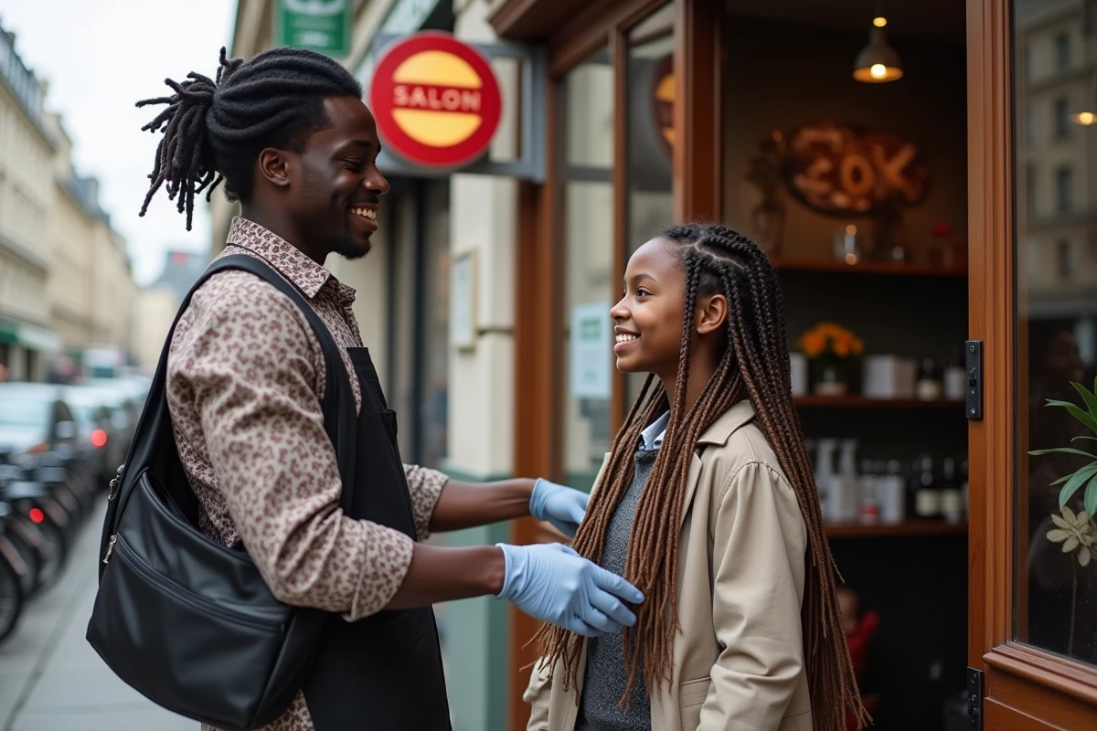 Homme coiffeur saluant une adolescente dans un salon parisien