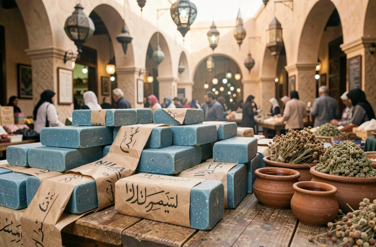 Étal de marché marocain présentant des savons Nila bleu authentiques dans la médina d'un souk traditionnel
