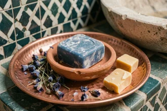 Savon Nila bleu authentique marocain posé sur un plateau en cuivre dans un hammam traditionnel avec carreaux de zellige