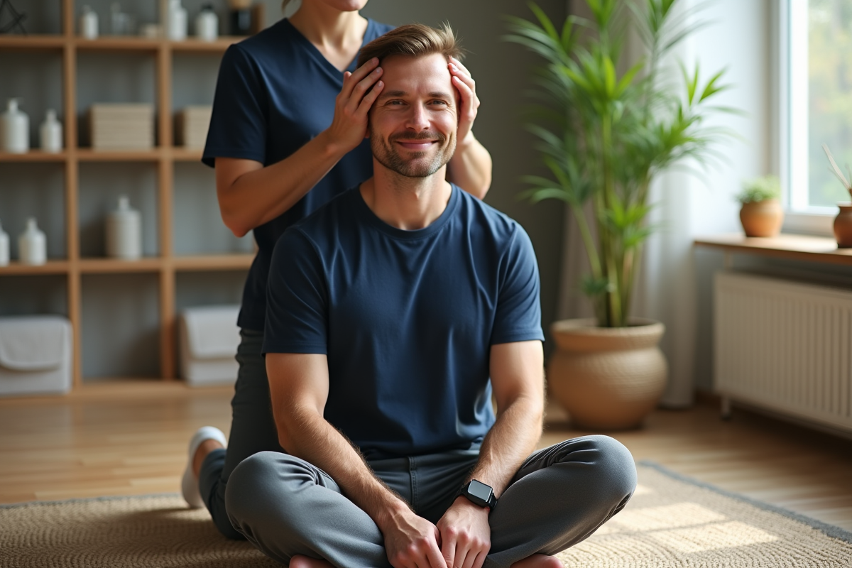 Homme relaxe recevant un massage du cuir chevelu