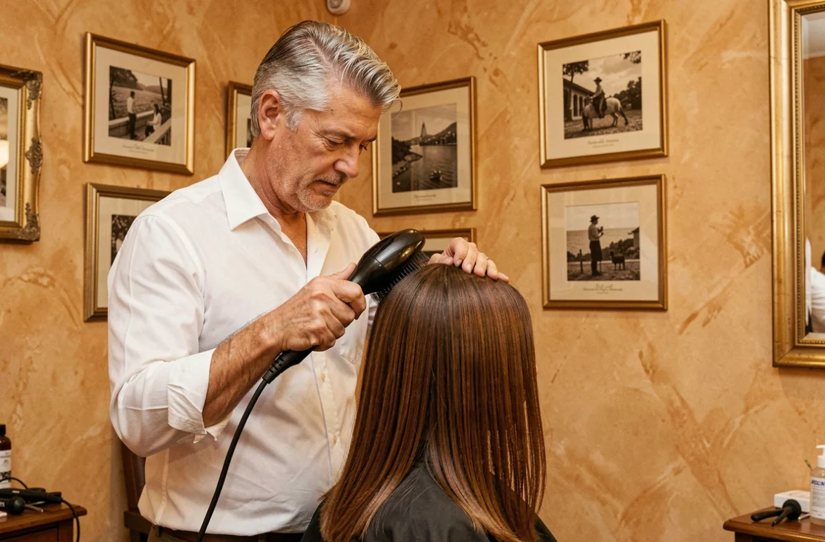 Coiffeur expert façonnant un brushing dans le salon Sergio Bossi à La Seyne-sur-Mer