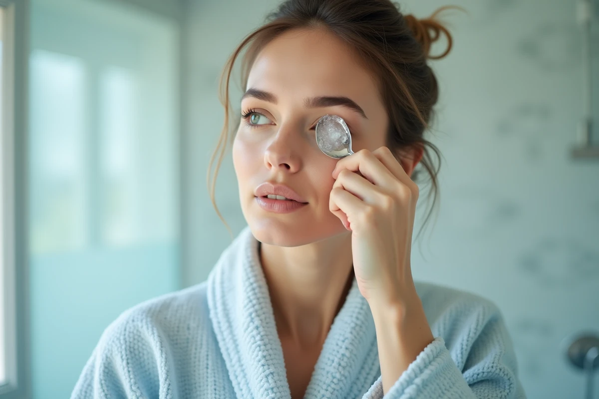 Femme appliquant un soin sous l'œil dans une salle de bain lumineuse