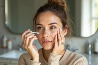 Femme appliquant un serum sous l'œil dans une salle de bain lumineuse