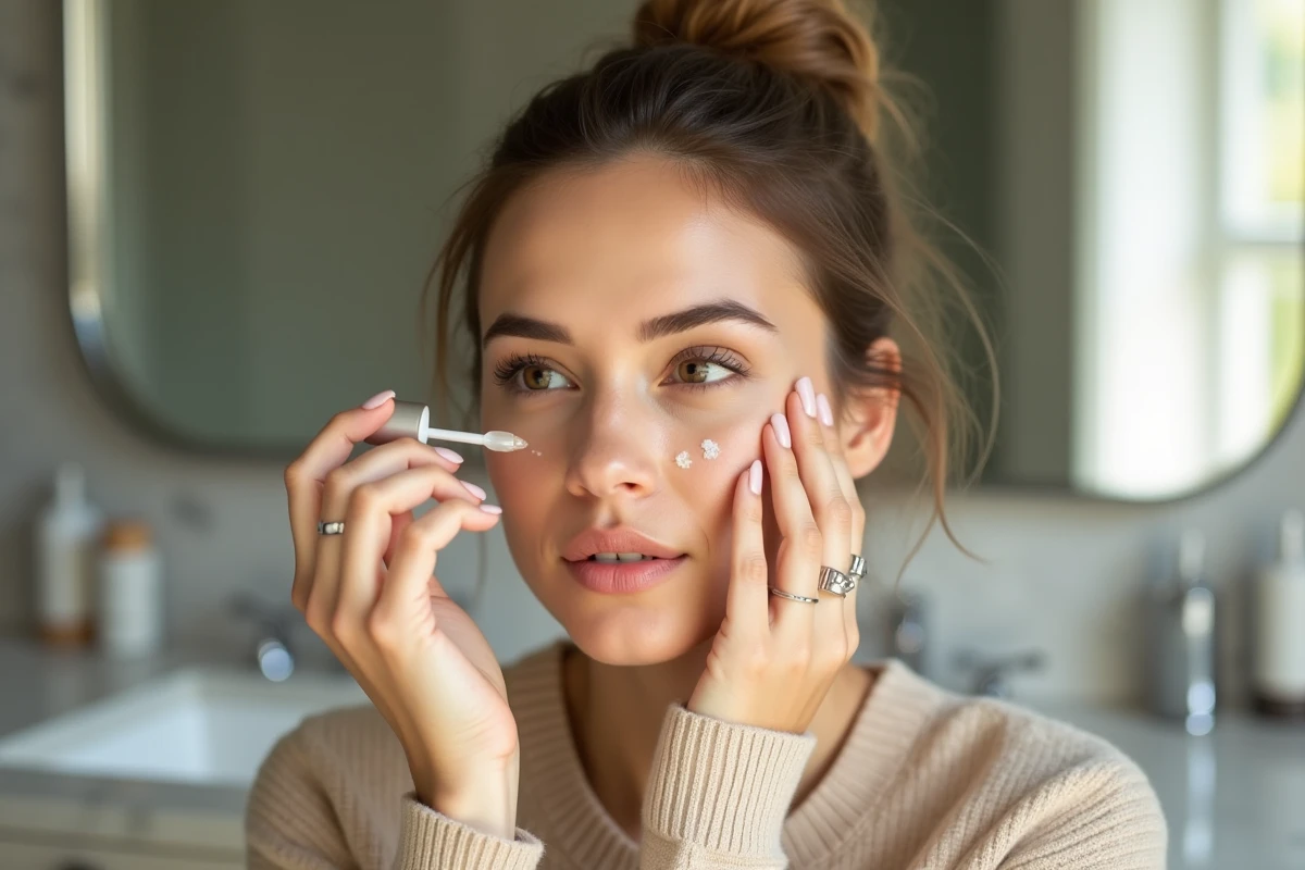 Femme appliquant un serum sous l'œil dans une salle de bain lumineuse