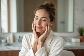 Femme détendue se massant le visage dans une salle de bain moderne