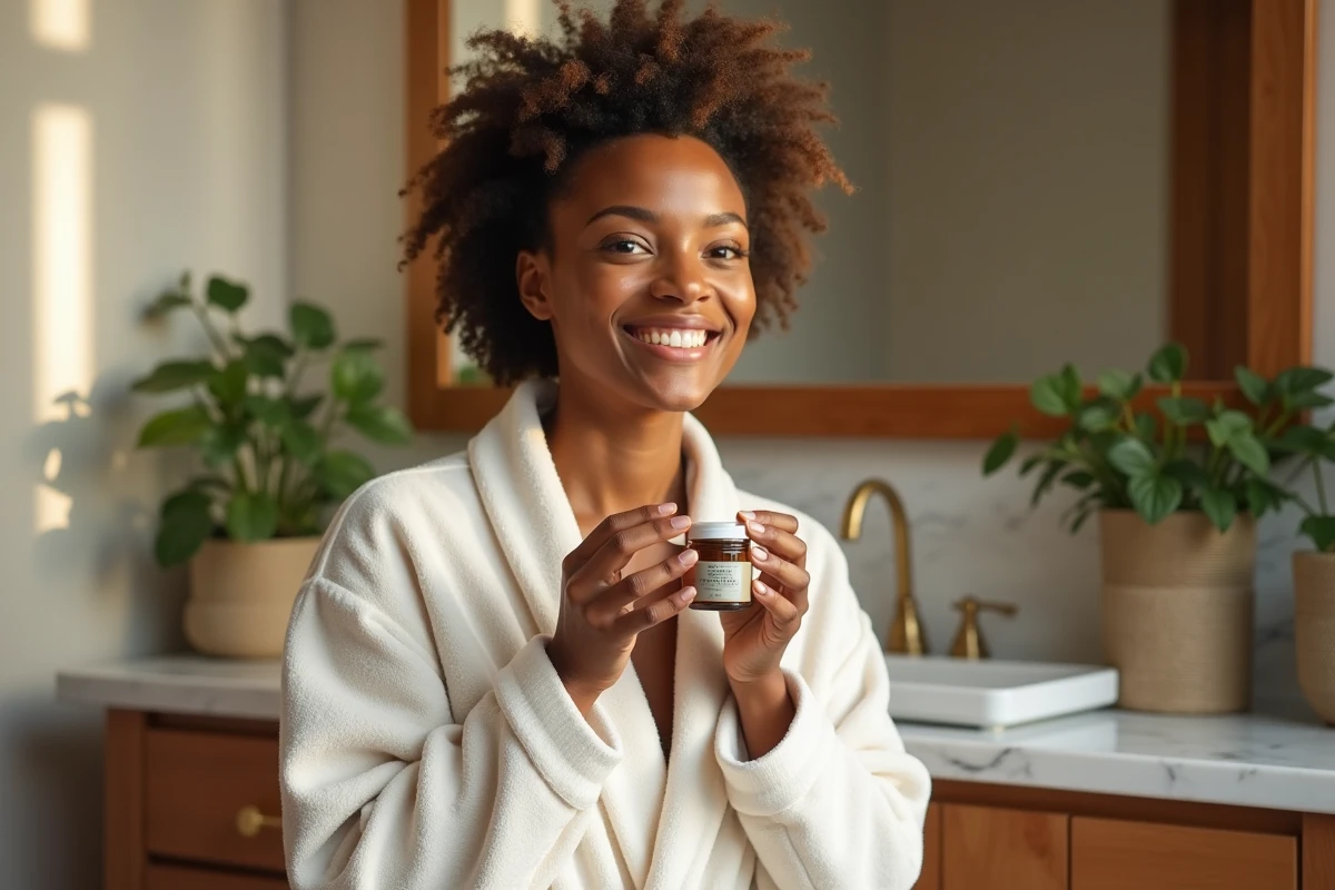 Femme souriante appliquant une creme naturelle sur le visage