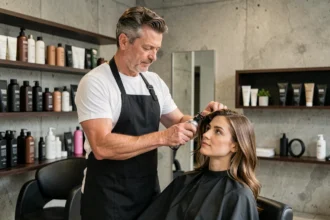 Coiffeur professionnel appliquant un soin capillaire sur une cliente dans un salon haut de gamme au décor minimaliste