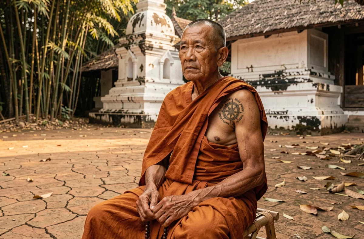 Moine bouddhiste birman âgé avec tatouage Dhamma Chakra sur l'épaule dans un monastère rural au Myanmar