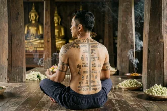 Homme thaïlandais aux tatouages bouddhistes Sak Yant dans un temple en bois en Thaïlande, assis en méditation dos à la caméra