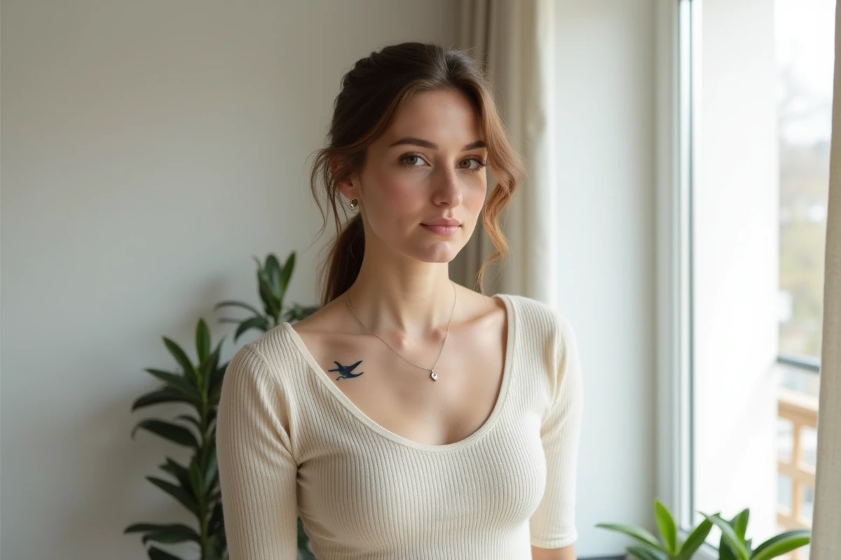 Femme avec un tatouage hirondelle délicat sur la clavicule dans un appartement scandinave lumineux